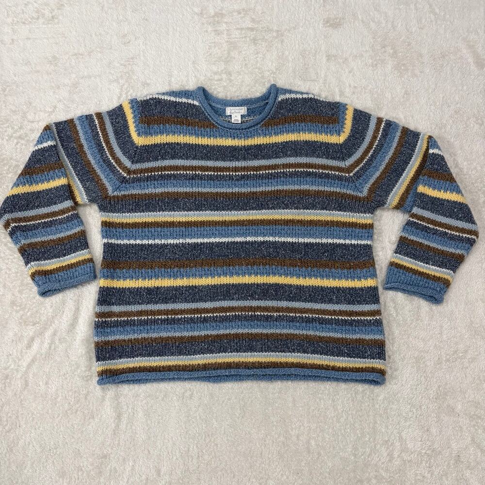 Vintage Christopher & Banks Womens XL Blue Striped Knit Sweater Hong Kong Wool